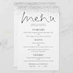 Budget Elegant Script Silver Glitter Wedding Menu