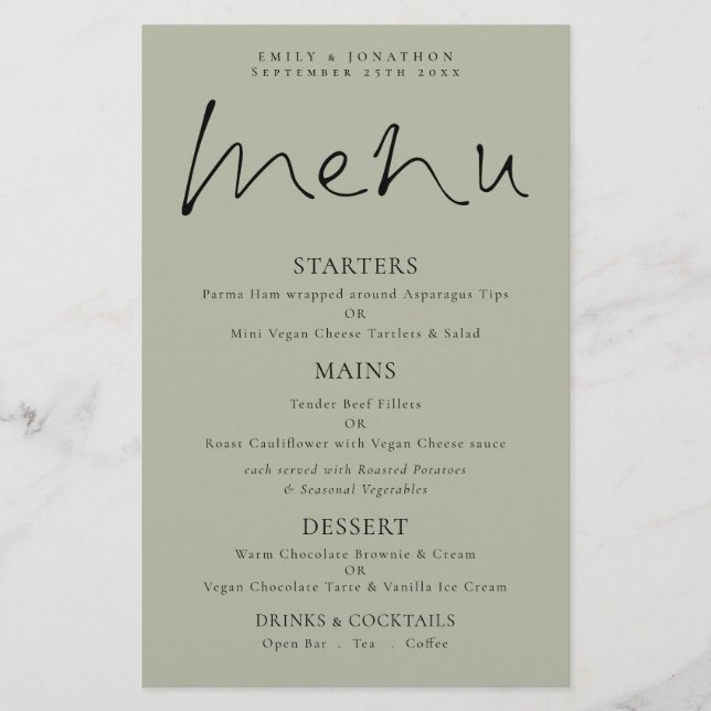 Budget Elegant Script Soft Sage Wedding Menu (Front)