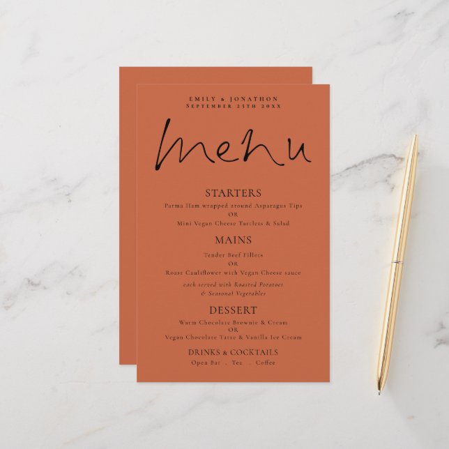 Budget Elegant Script Terracotta Wedding Menu (Front/Back In Situ)
