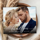 Budget Elegant Script Wedding Photo Thank You Card<br><div class="desc">Budget Modern Elegant Script 2 Photo Wedding Thank You affordable low budget thin card. Stylish wedding thank you template featuring a full vertical photo on the front with overlay text "Thank You" in a hand lettered calligraphy or typography script font in white on the picture. At the reverse side one...</div>