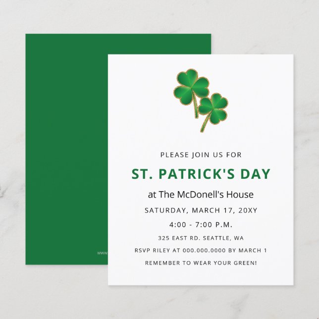 Budget Elegant Shamrock St Patricks Day Invitation (Front/Back)