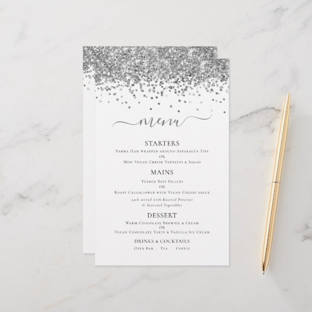 Budget Elegant Silver Glitter Wedding Menu (Front/Back In Situ)