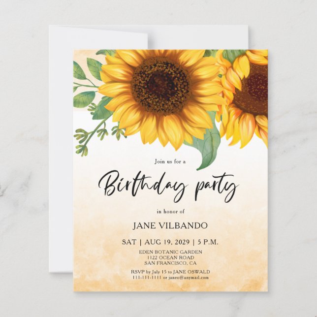 Budget Elegant Sunflower Birthday Party Invitation (Front)