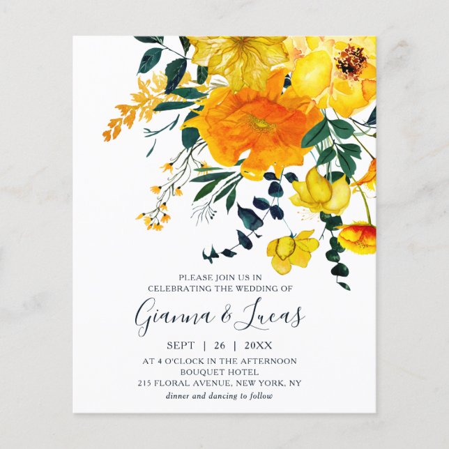 Budget Elegant Yellow Watercolor Floral Wedding Flyer (Front)
