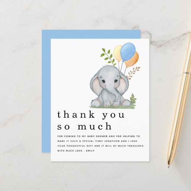 BUDGET Elephant Boy Baby Shower Blue Thank You (Front/Back In Situ)
