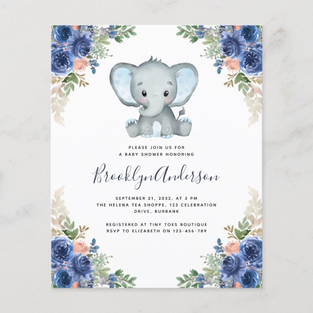 BUDGET Elephant Boy Baby Shower Invitation (Front)