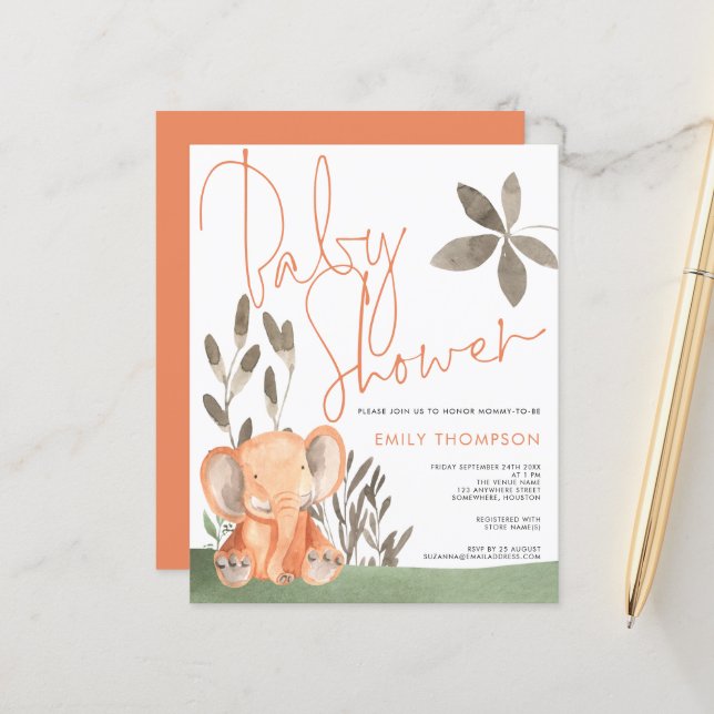 Budget Elephant Coral Baby Shower Invitation (Front/Back In Situ)