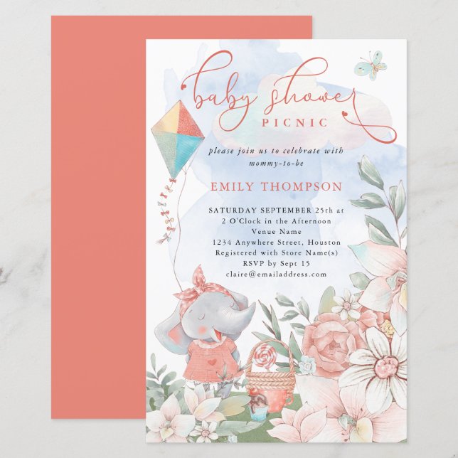 Budget Elephant Florals Baby Shower Picnic Invite (Front/Back)