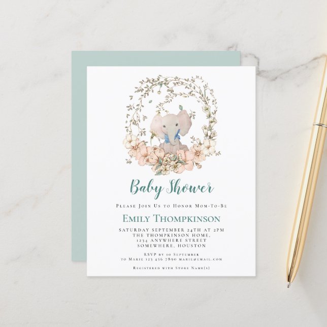 Budget Elephant Foliage Boy Baby Shower Invitation (Front/Back In Situ)