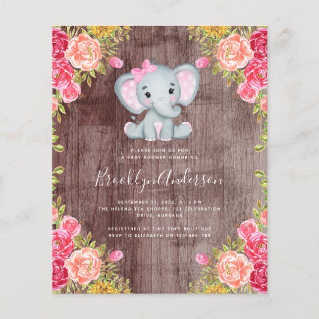 BUDGET Elephant Girl Baby Shower Invitation (Front)