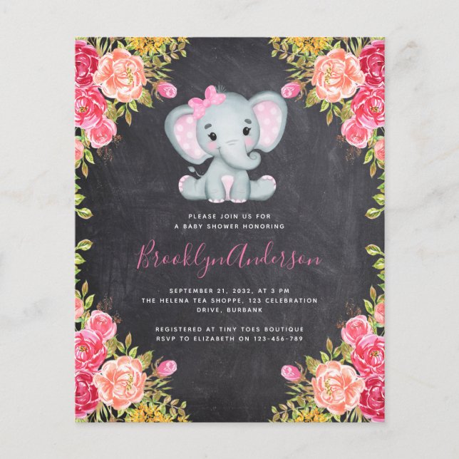 BUDGET Elephant Girl Baby Shower Invitation (Front)
