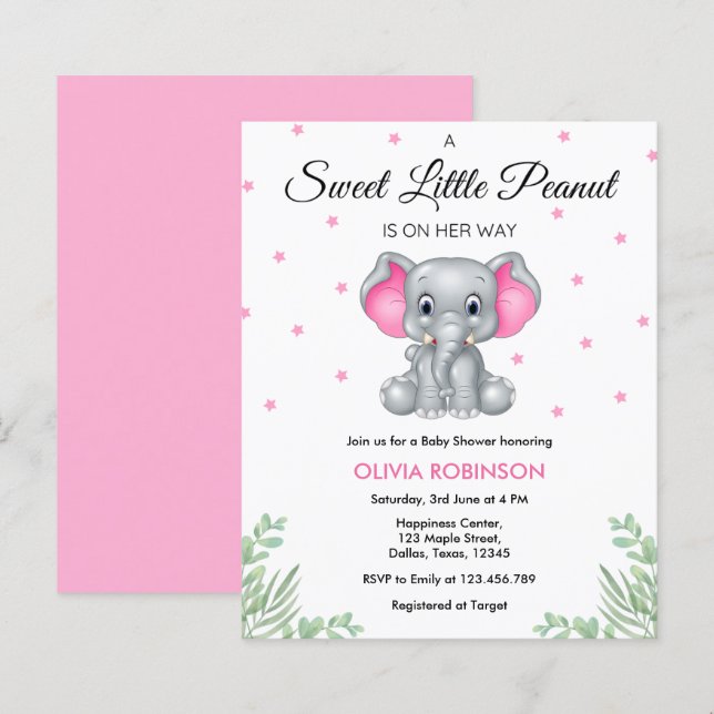 Budget Elephant Pink Girl Baby Shower Invitation  (Front/Back)