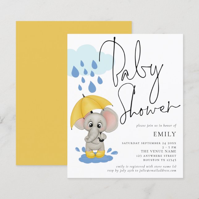 Budget Elephant Rain Baby Shower Invite (Front/Back)