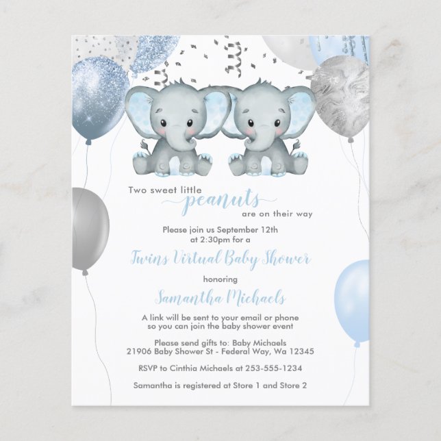 Budget Elephant Twin Boys Virtual Baby Shower (Front)