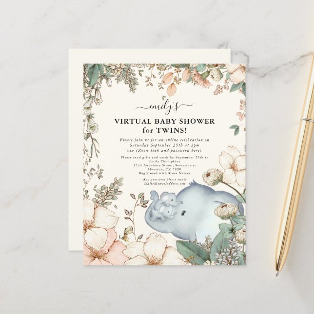 Budget Elephant Virtual Baby Shower Twins Invite (Front/Back In Situ)