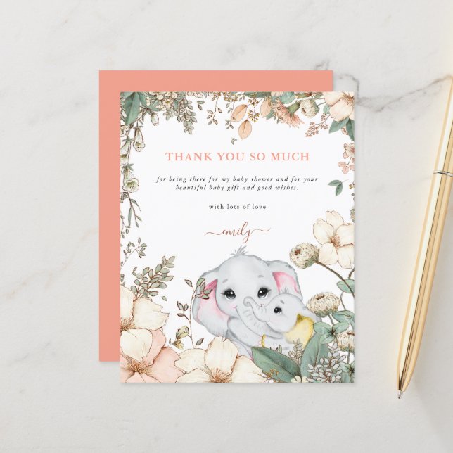 Budget Elephants Coral Baby Shower Thank You (Front/Back In Situ)