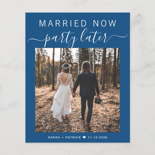 Budget Elopement Photo Blue Wedding Announcement (Front)