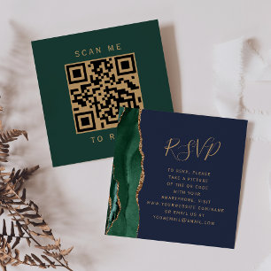 Budget Emerald Agate Navy Wedding QR Code RSVP Enclosure Card