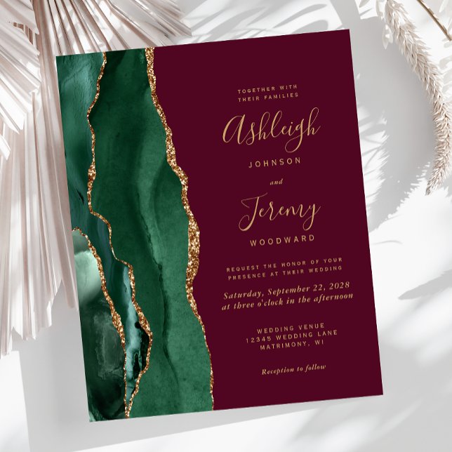 Budget Emerald Green Agate Burgundy Wedding Invite (Creator Uploaded)