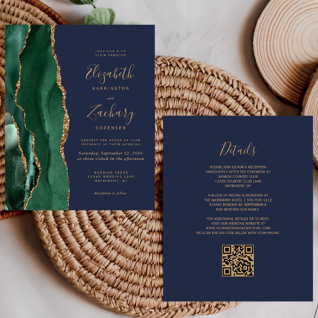 Budget Emerald Green Agate Navy QR Code Wedding (Creator Uploaded)
