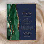 Budget Emerald Green Agate Navy Wedding Invitation<br><div class="desc">The left-hand edge of this elegant modern wedding invitation features an emerald green watercolor agate border trimmed with faux gold glitter. The customizable text combines gold-coloured handwriting,  copperplate and italic fonts on a navy blue background. The reverse side features a matching emerald green and gold agate design.</div>