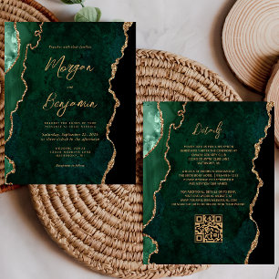 Budget Emerald Green Agate Script QR Code Wedding