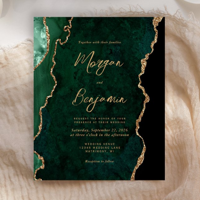Budget Emerald Green Agate Script Wedding Invite (Creator Uploaded)