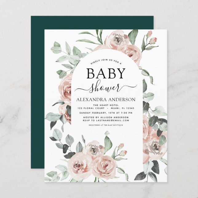 Budget Emerald Green Baby Shower Floral Invitation (Front/Back)