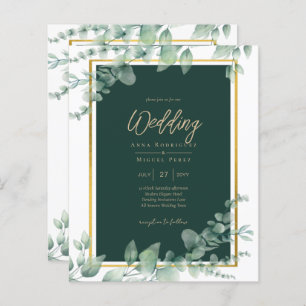 Budget Emerald Green Botanical Gold Wedding Invite