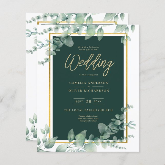 Budget Emerald Green Botanical Gold Wedding Invite (Front/Back)