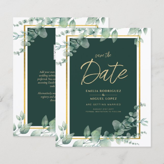 Budget Emerald Green Botanical Gold Wedding Invite (Front/Back)
