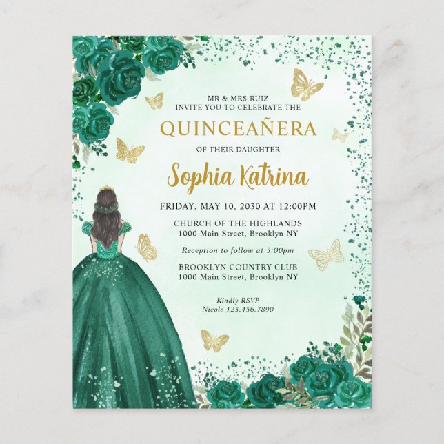 Budget Emerald Green Floral Princess Quinceanera (Front)