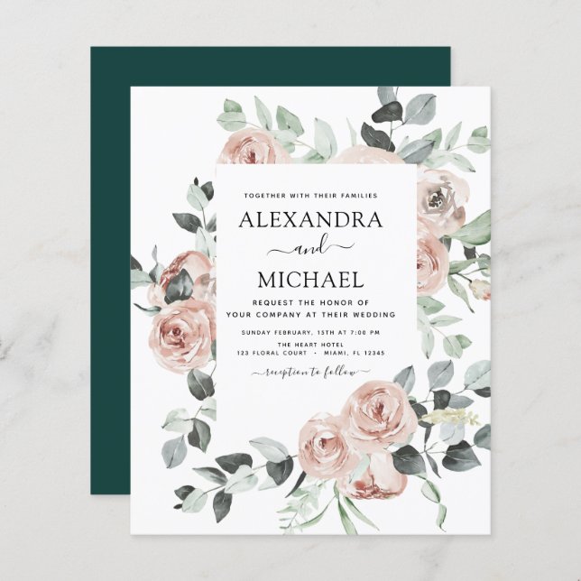 Budget Emerald Green Floral Wedding Invitation (Front/Back)