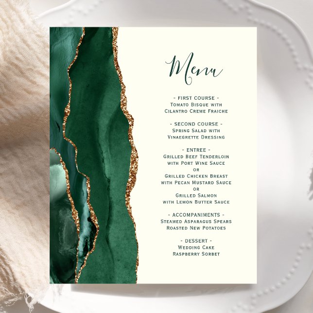 Budget Emerald Green Gold Agate Ivory Mariage Menu (Créateur téléchargé)