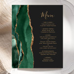 Budget Emerald Green Gold Dark Wedding Menu<br><div class="desc">The left-hand edge of this elegant modern wedding menu features an emerald green watercolor agate border trimmed with faux gold glitter. The customizable text combines gold-coloured whimsical handwriting script and copperplate fonts on a slate black background. The reverse side features a matching emerald green and gold agate design.</div>