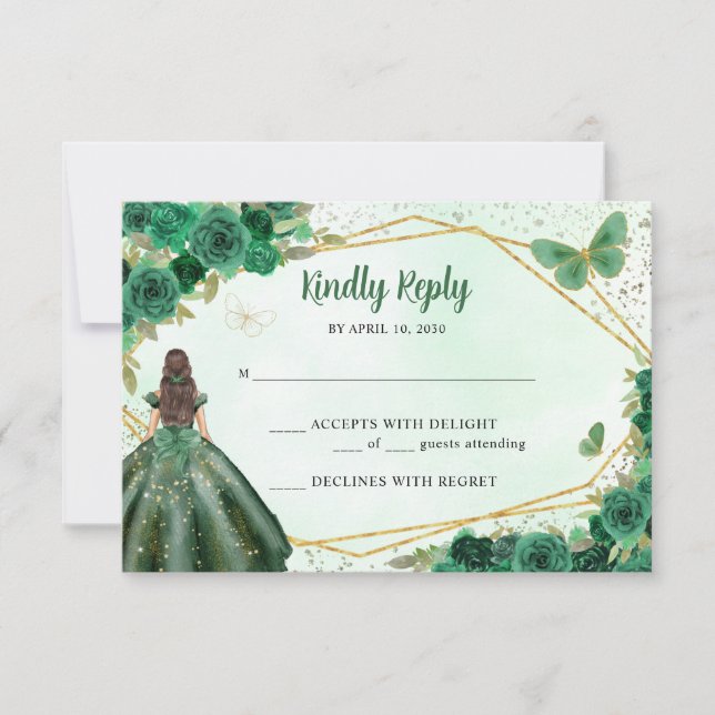 Budget Emerald Green Gold Floral Princess RSVP Card (Front)