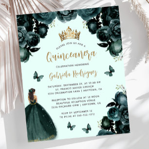 Budget Emerald Green Gold Floral Quinceañera