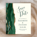 Budget Emerald Green Gold Ivory Save the Date<br><div class="desc">The left-hand edge of this elegant modern wedding save the date card features an emerald green watercolor agate border trimmed with faux gold glitter. The customizable text combines green handwriting,  copperplate and italic fonts on an ivory background. The reverse side features a matching emerald green and gold agate design.</div>