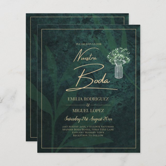 Budget Emerald Green Gold Modern Wedding Invite (Front/Back)
