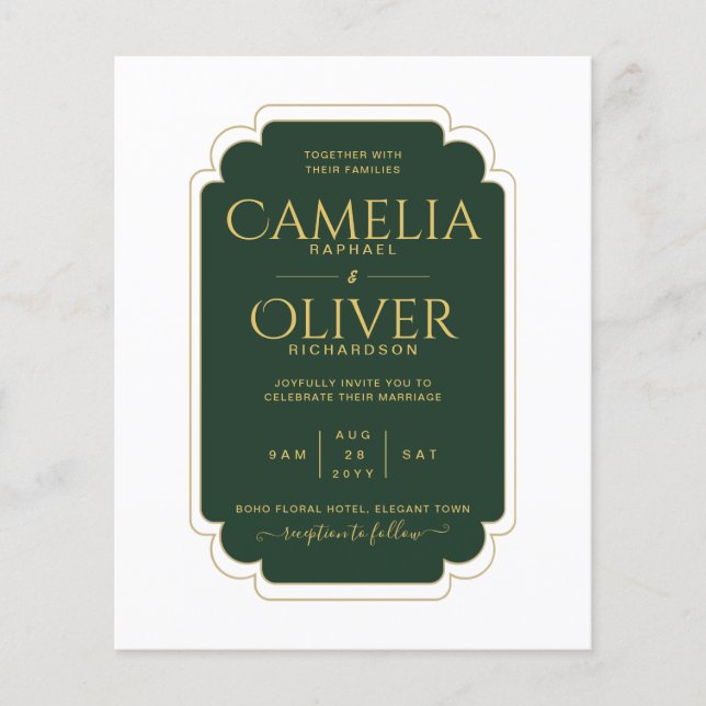 BUDGET Emerald Green Gold MONOCHROME Wedding PAPER (Front)