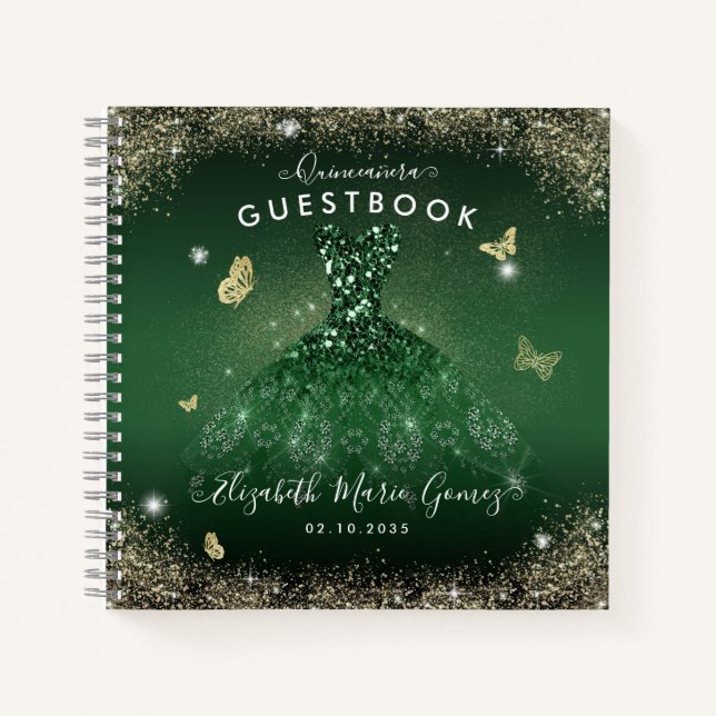 Budget Emerald Green Gold Quinceanera Livre d'or (Devant)