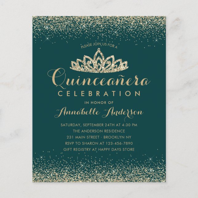 Budget Emerald Green Gold Quinceañera Tiara Invite (Front)