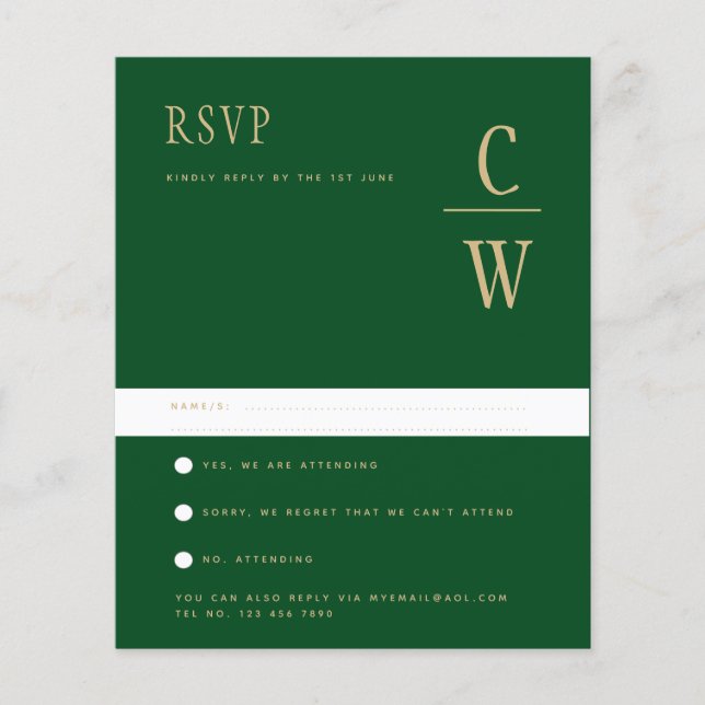 BUDGET Emerald Green Gold Wedding RSVP Flyer (Front)