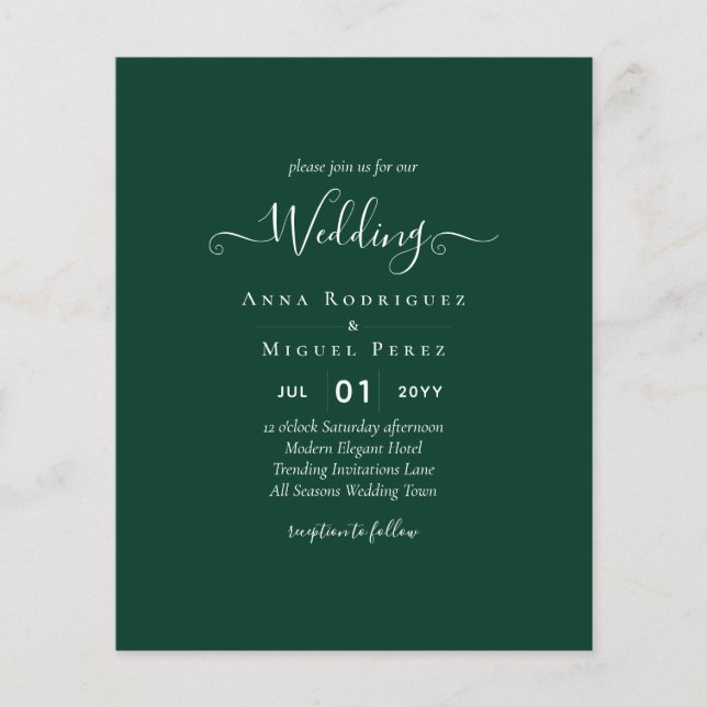 BUDGET Emerald Green Monochrome Wedding Flyer (Front)