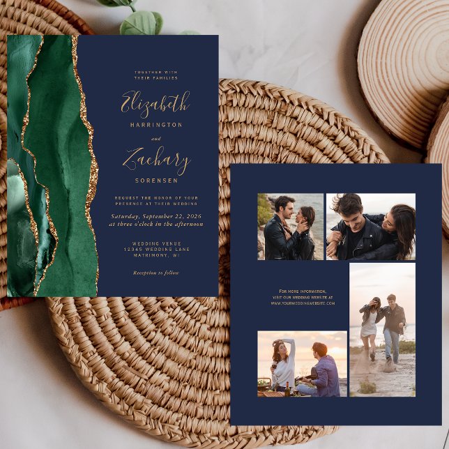 Budget Emerald Green Navy 4-Photo Wedding Invite (Creator Uploaded)