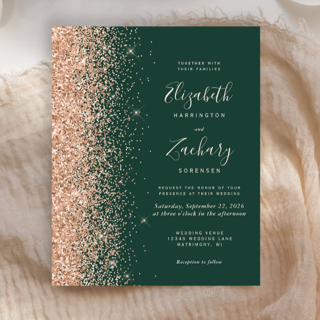 Budget Emerald Green Peach Glitter Wedding Invite (Creator Uploaded)