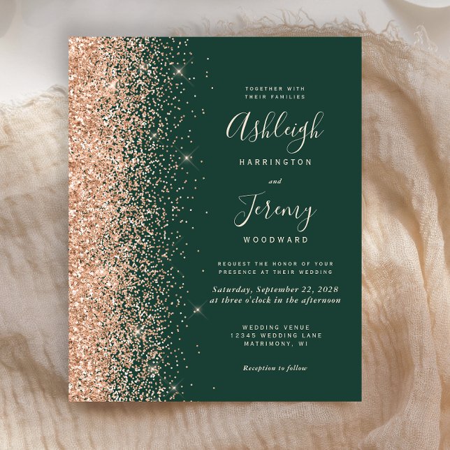 Budget Emerald Green Peach Glitter Wedding Invite (Creator Uploaded)