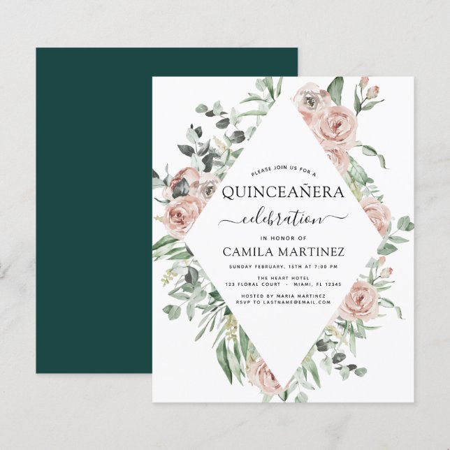 Budget Emerald Green Quinceañera Floral Invitation (Front/Back)