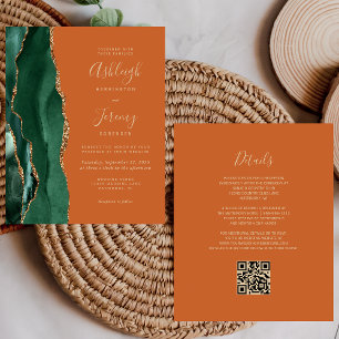Budget Emerald Green Rust QR Code Wedding Invite