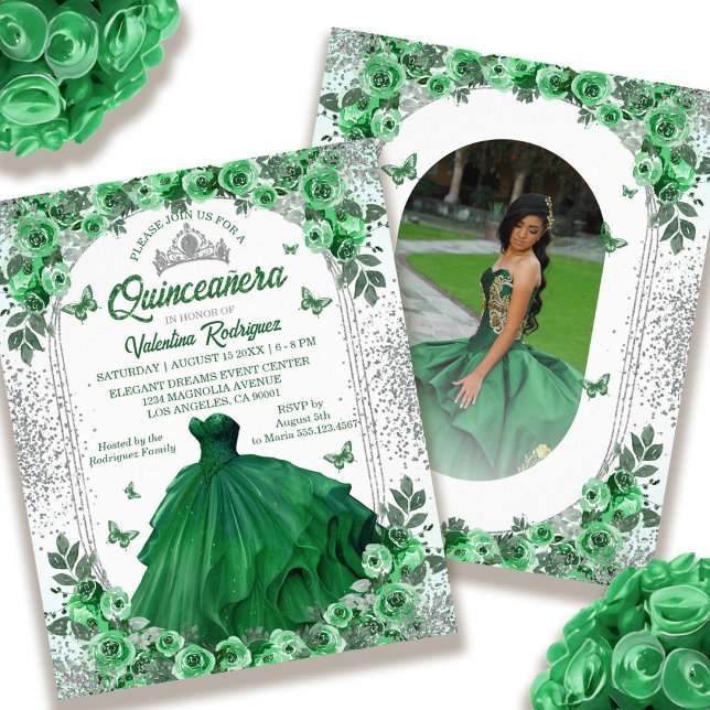 Budget Emerald Green Silver Floral Quinceanera Flyer (Budget Emerald Green Silver Floral Quinceanera Flyer)